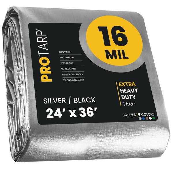 Protarp 24 ft x 36 ft Heavy Duty 16 Mil Tarp, Silver/Black, Polyethylene, Waterproof, Rip and Tear Proof PT-101-24X36